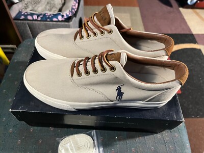 POLO RALPH LAUREN VAUGHN SK VLC 8.5 D Canvas Khaki Tan SHOES COMPLETE IN BOX