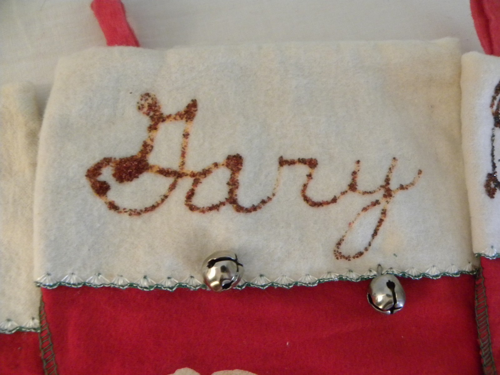 VTG RED FLANNEL FLOCKED CHRISTMAS STOCKING BELLS GREETING SANTA W/NAMES