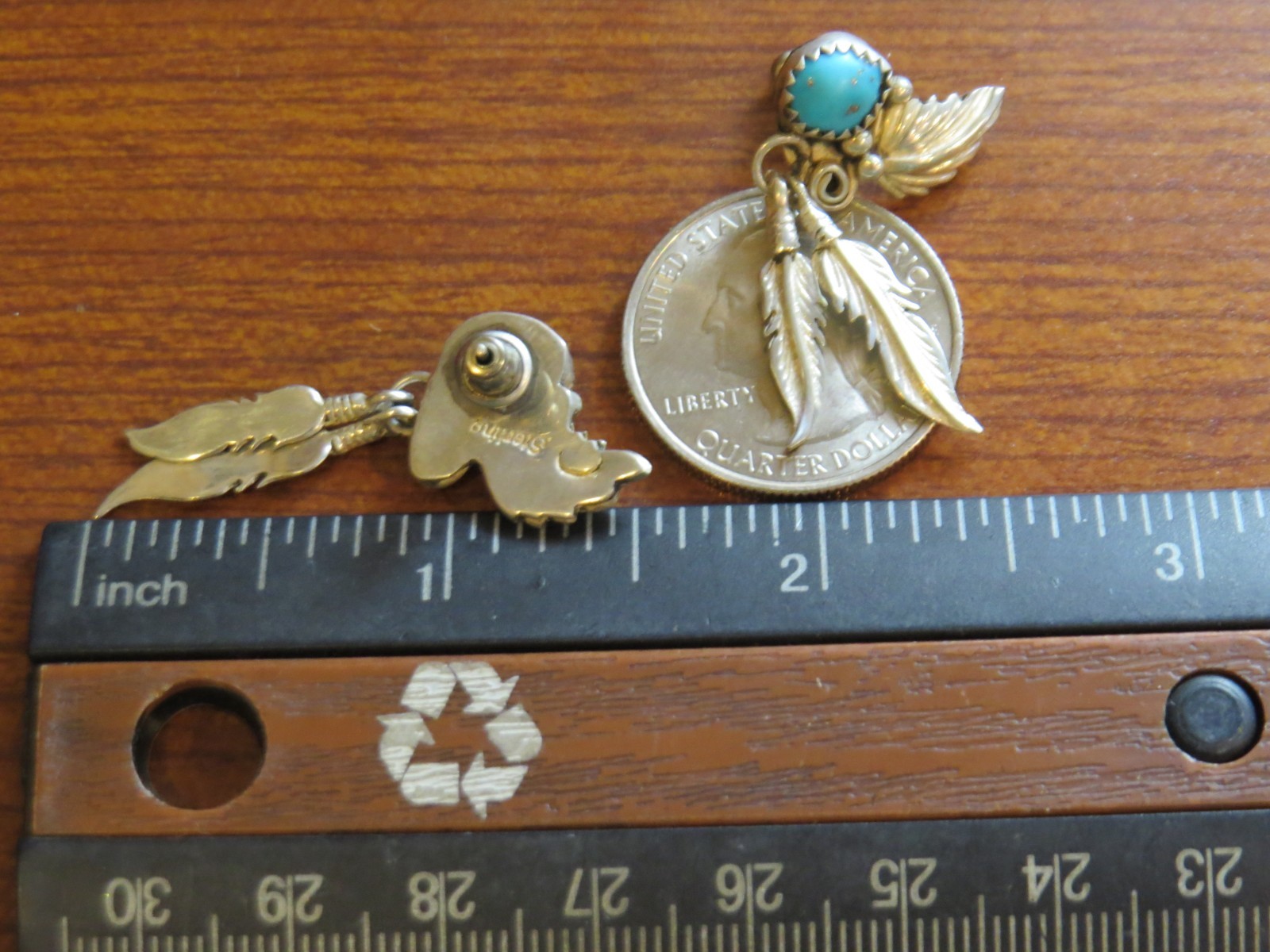 Vintage Blue Turquoise w/ Southwest Feathers Sterling Silver Pierced Earrings E