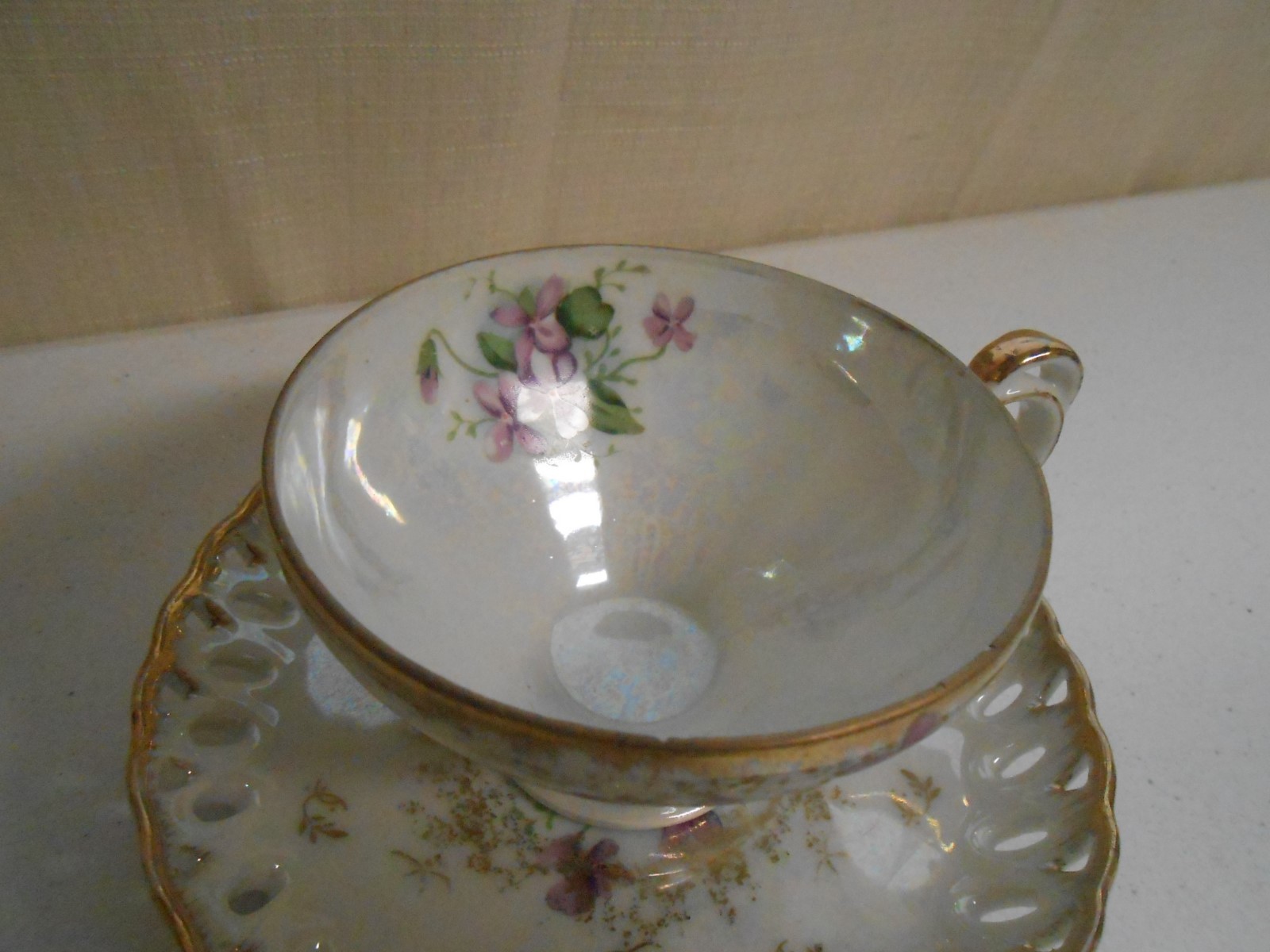 Vintage LEFTON Tea Cup & Saucer Lusterware Iridescent Flowers