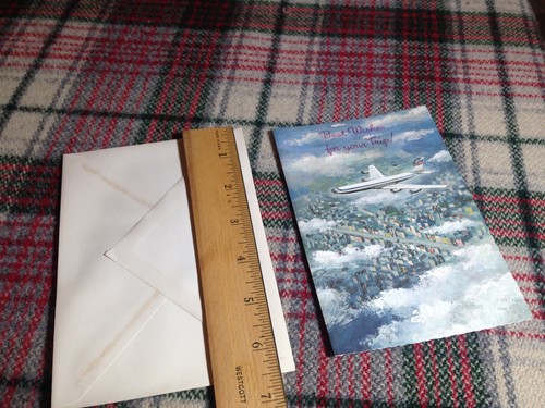 'Best Wishes for your Trip' VTG greeting card airplane plane glitter scalloped