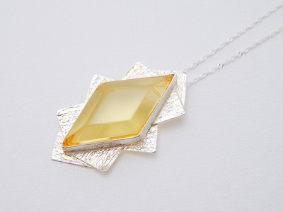 Natural Baltic Lemon Amber Diamond Cut Pendant Necklace in 925 Sterling Silver