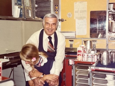 Airplane Kitchen Man Goofing Around with Young Lady Fun Vintage Snapshot Photo