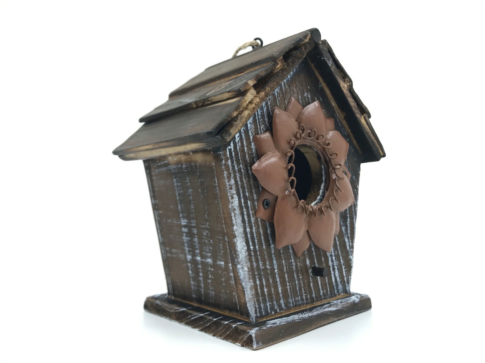 Farmhouse Rustic Style Hanging Birdhouse Decorative Wood & Metal Brown Flower