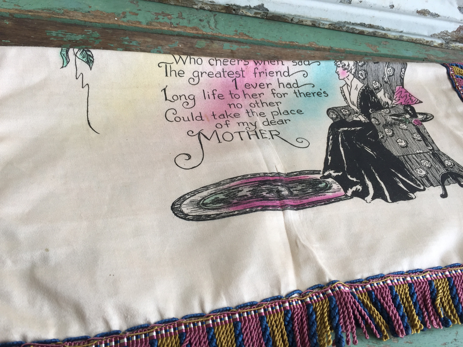 Vintage Pillow Cover Mother Poem With Fringe Original Store Tag Floral Back