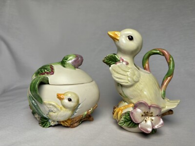Fitz And Floyd Garden Rhapsody Creamer Sugar Bowl Spoon Duck Egg Chick