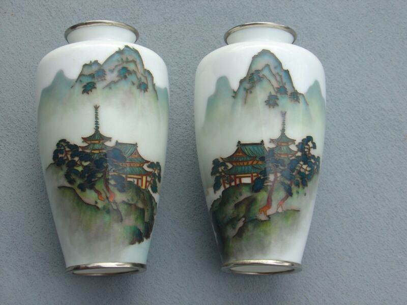 Vintage Japanese Wireless Cloisonne Vase Set Lot Pagoda Mountain Scene Japan