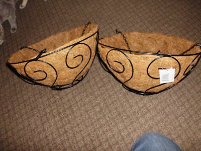 2 Large 14'' Metal Hanging Baskets with Coco Liners, NEW