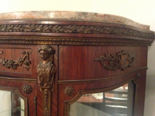 Antique Curved Glass Curio Caninet With Marble Top