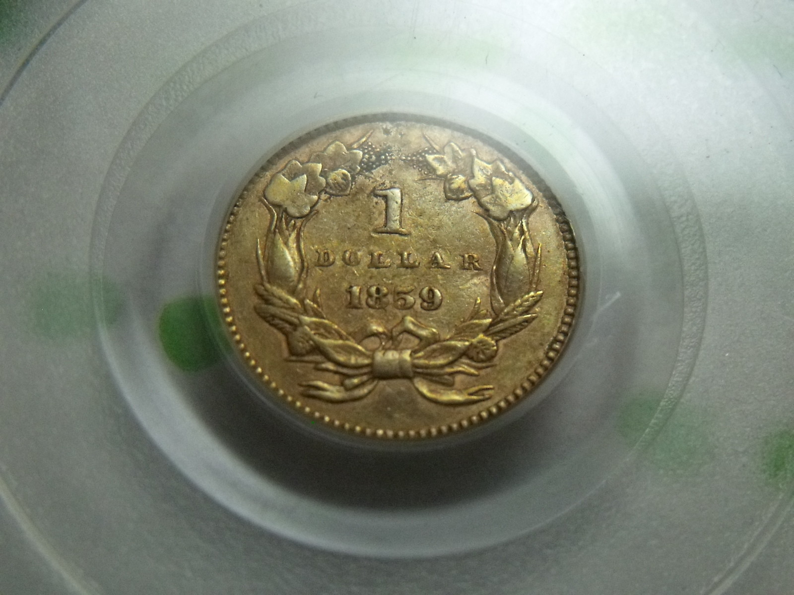 1859 GOLD DOLLAR PCGS VF35 $1 old edge pink toning