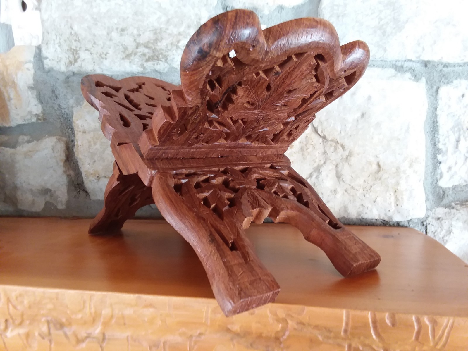 Vintage Hand Carved Teak Wood Book Recipe Cookbook Bible Stand Holder Folding