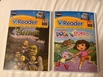 VTECH V.READER INTERACTIVE E-READING SYSTEM LOT of 2 Shrek/Dora The Explorer