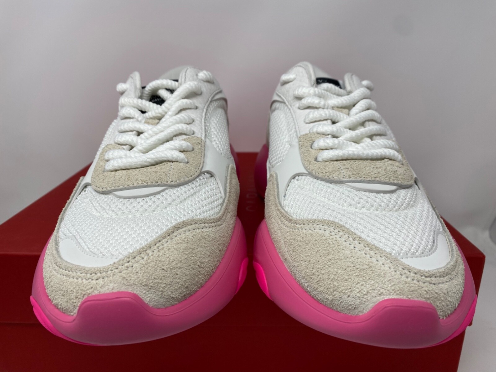 Pre-owned Valentino Garavani Bubbleback Mesh & Suede Chunky Sneakers White Fuchsia Us 8 41