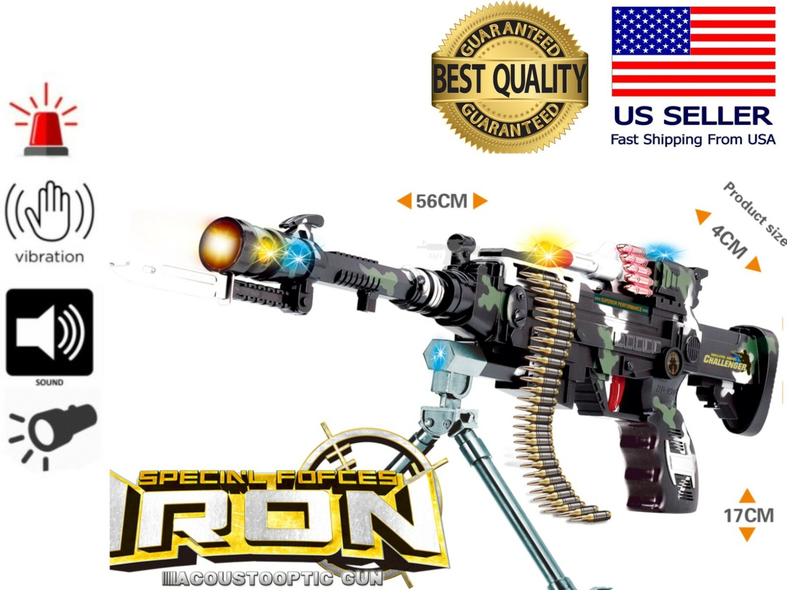 TOY Battery Electric FUN Military Machine Gun Flash Sound Vibration Light Kid 3+