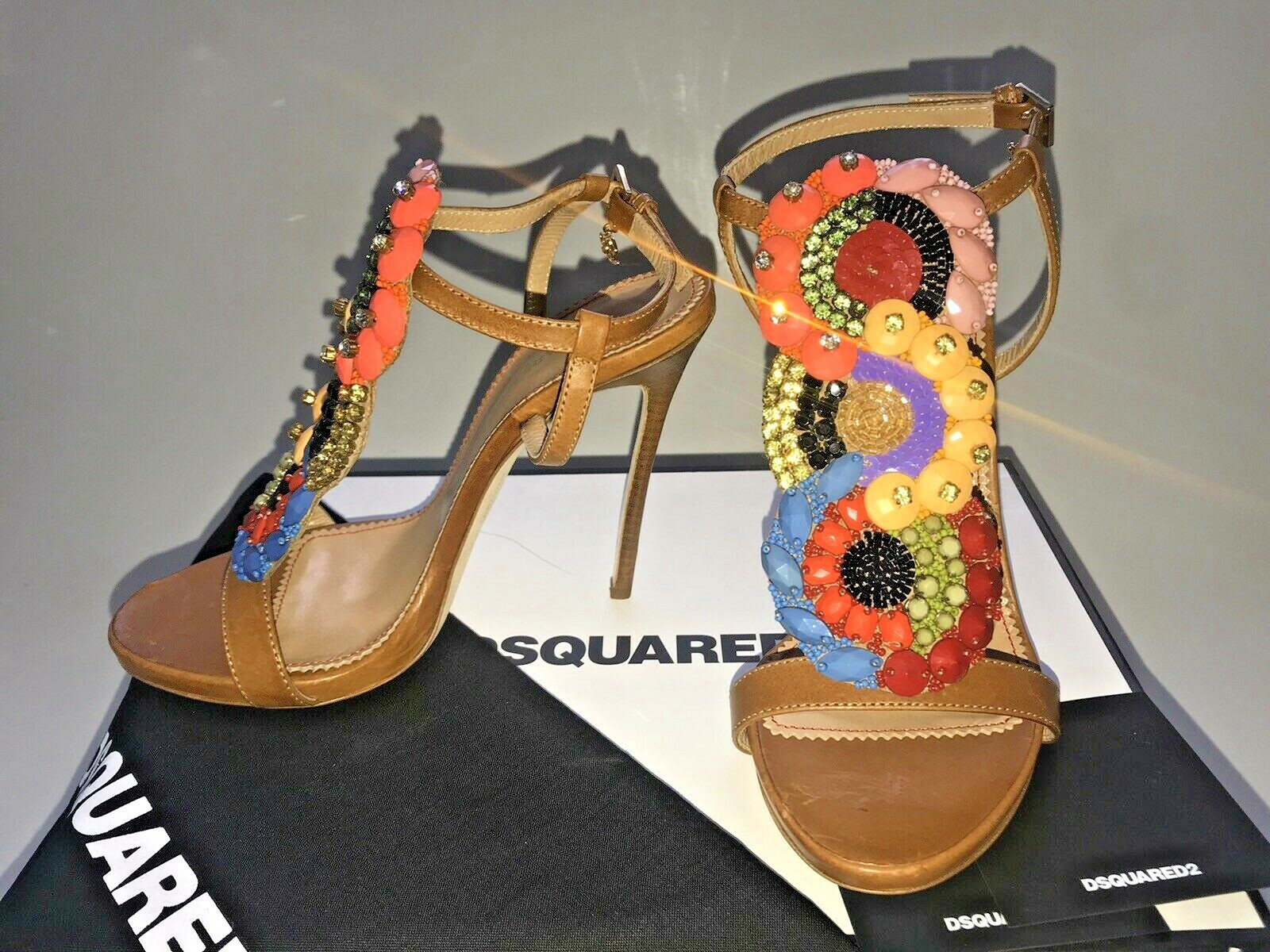 Pre-owned Dsquared2 7 7.5 Brown Beaded Embellished Strappy Stiletto Party Sandals $890