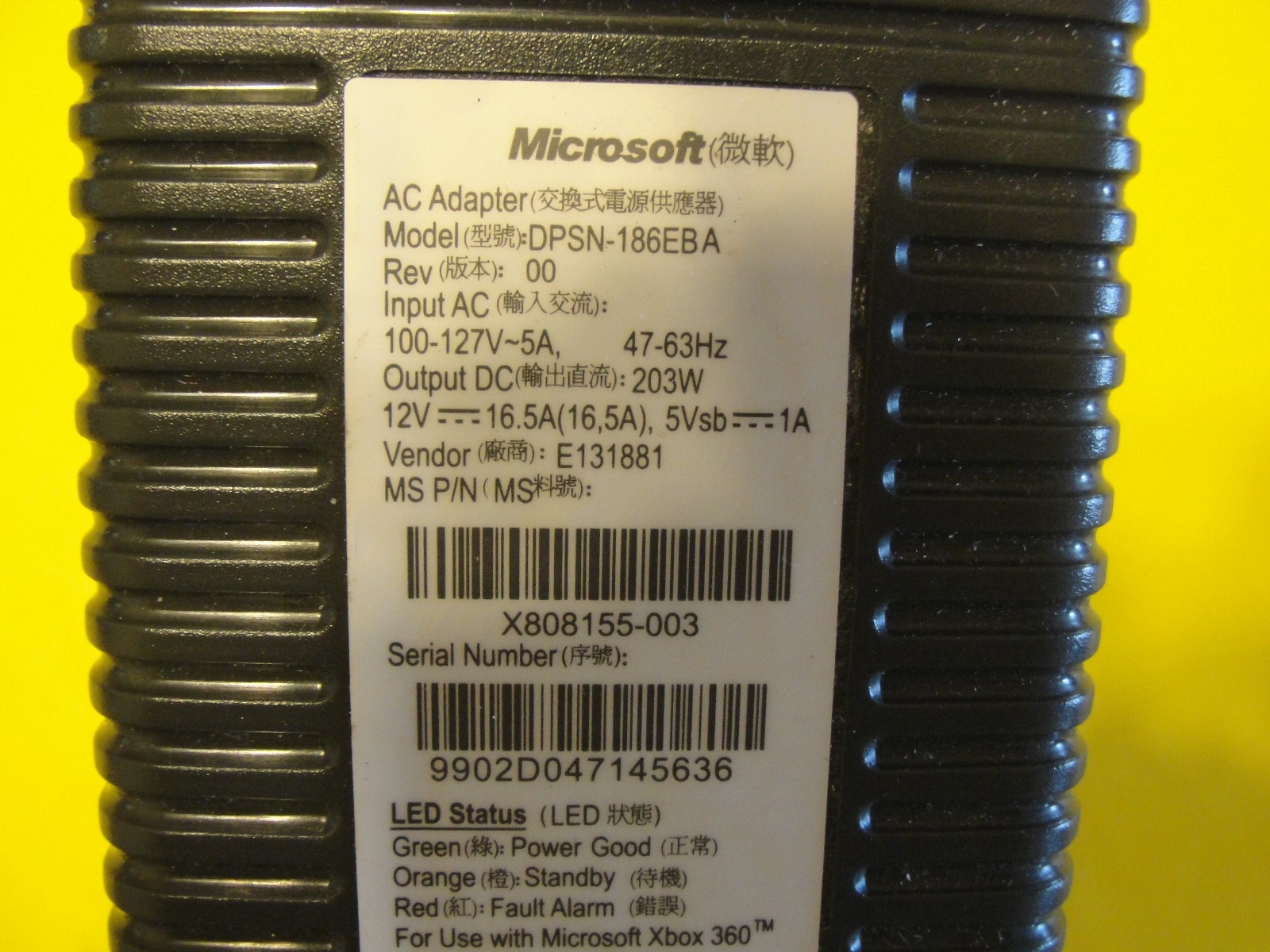 Genuine Microsoft AC Adapter Power Supply Brick for Xbox 360 DPSN-186EBA