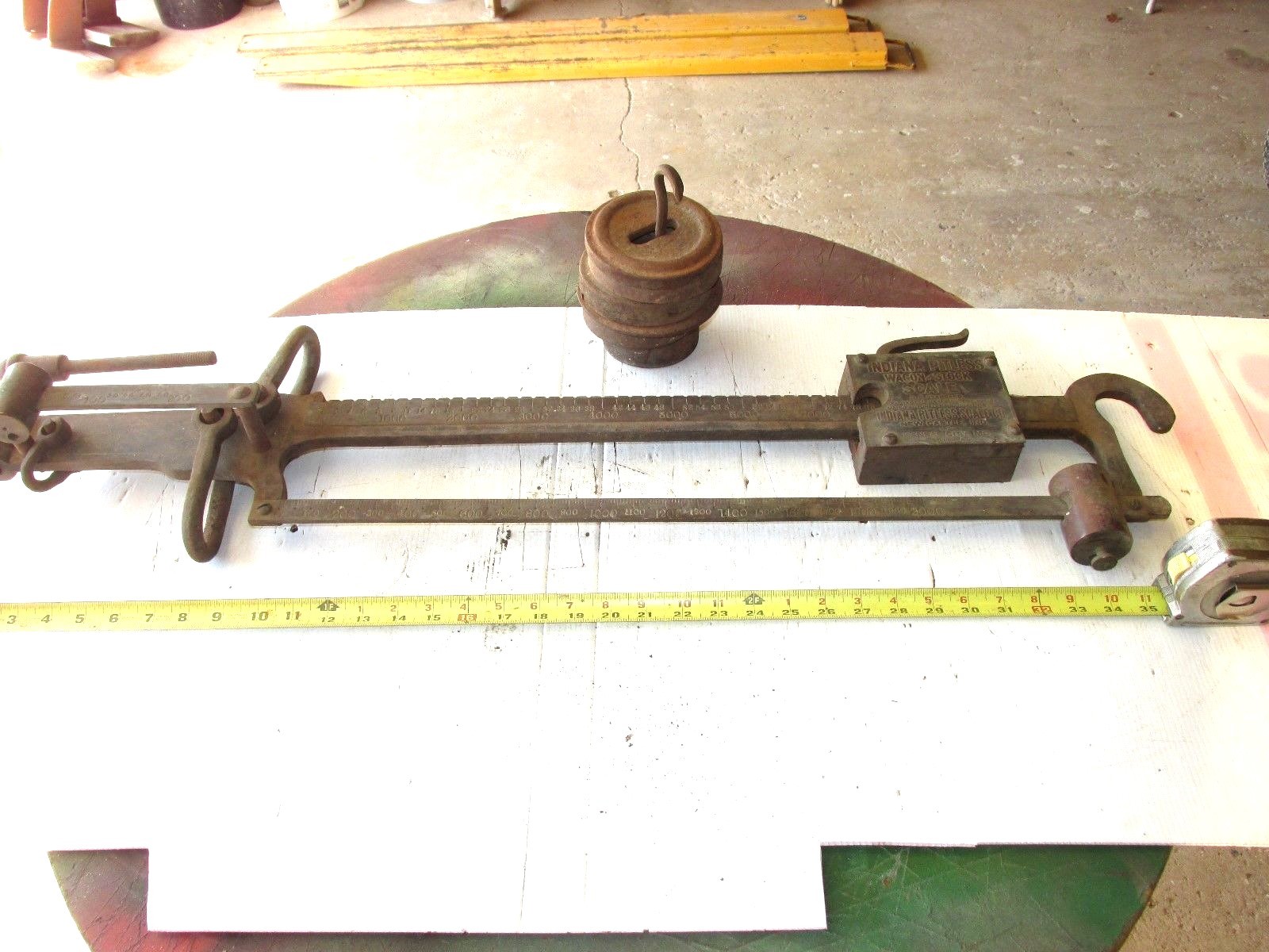 OLD ANTIQUE BRASS INDIANA PITLESS WAGON & LIVESTOCK SCALE & CAST IRON WEIGHTS