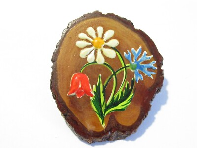 Vintage Handcrafted Flowers Painted on Wood Brooch Pin