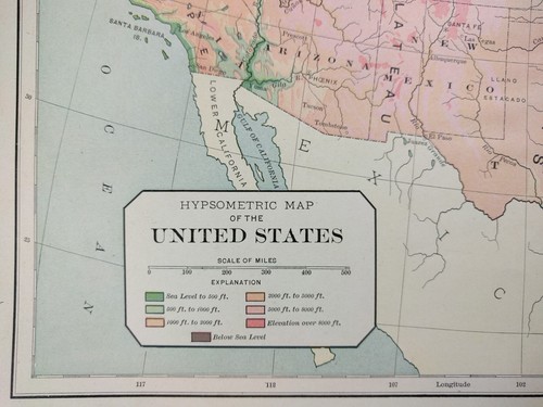 1896 UNITED STATES HYPSOMETRIC Map Old Antique TERRAIN TOPOGRAPHICAL USA MAPZ