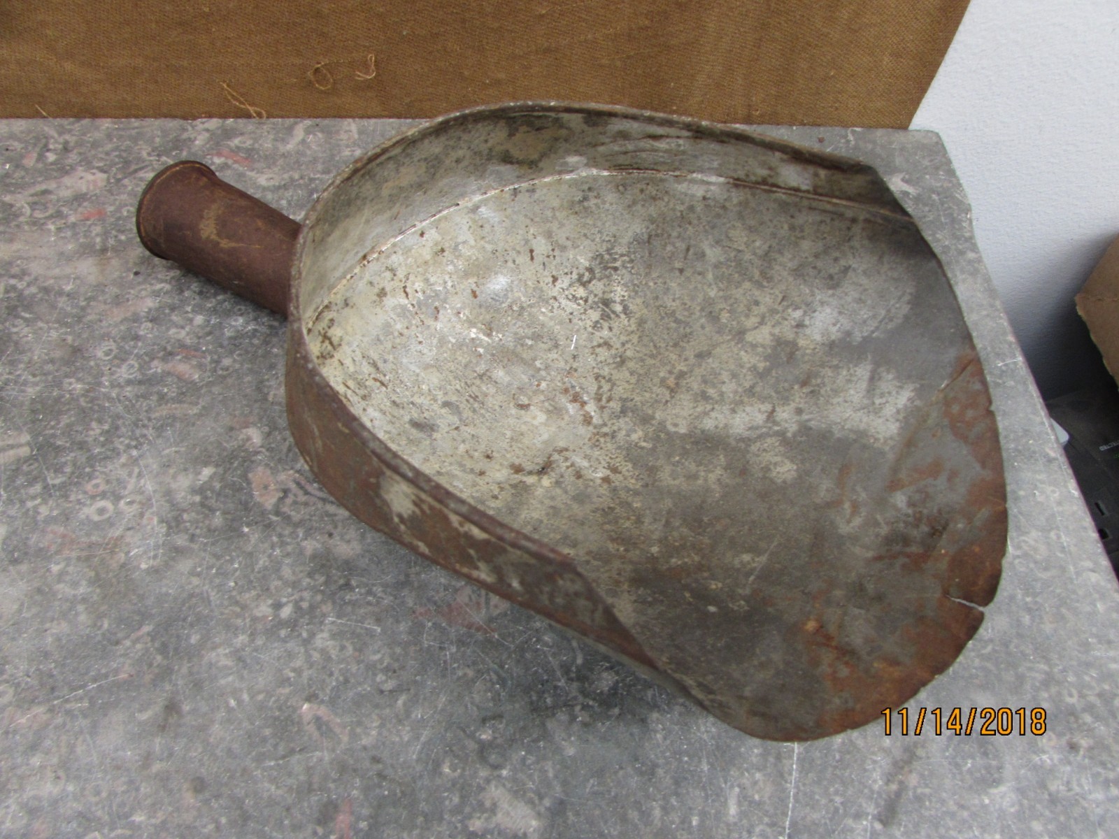 antique vintage galvanized metal scoop w/ metal soldered handle