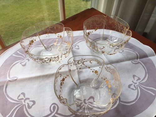 3 Josephinenhutte Gold Encrusted Antique Crystal Finger Bowls Lobed