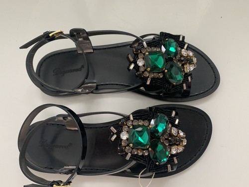 Pre-owned Dsquared2 6.5 7.5 Jeweled Black Patent Leather Ankle Strap Flat Sandals $890