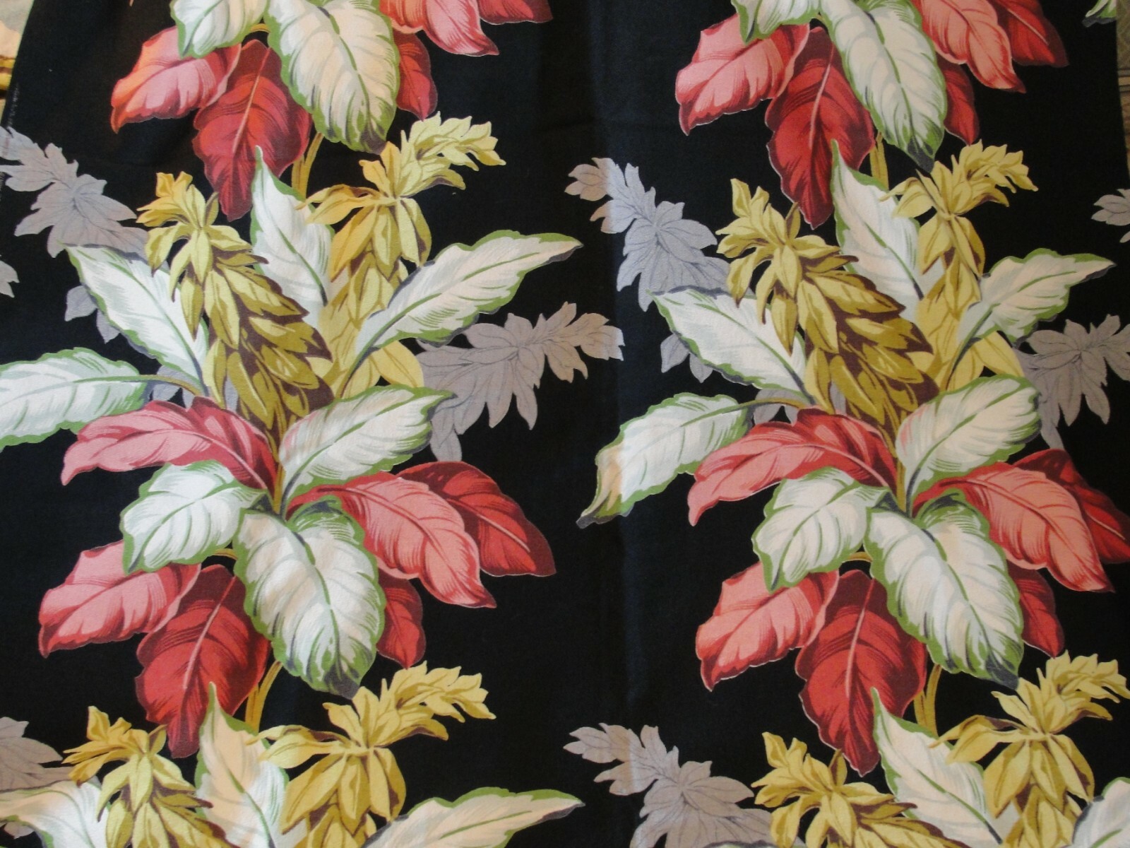 4 3/4 YARDS VINTAGE BARKCLOTH PALM FRONDS W/ BLACK BACKGROUND; PINK  WHITE