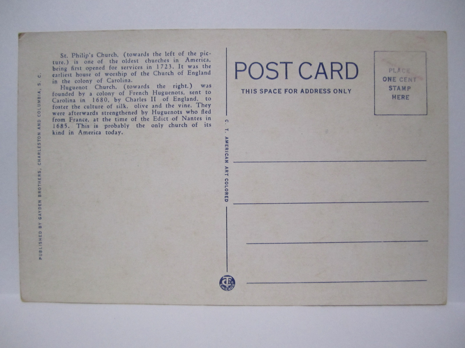 CHURCH STREET HUGUENOT SAINT PHILIPS POSTCARD CHARLESTON SC SOUTH CAROLINA 1920s