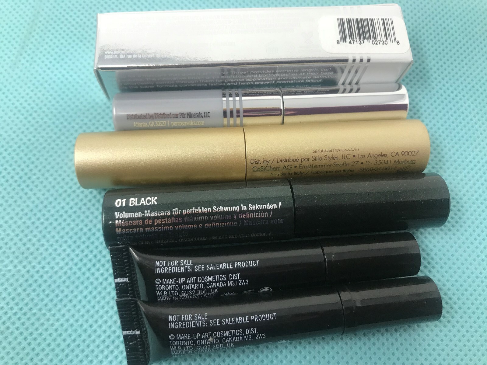 5  MASCARA SAMPLES -PUR Triple Threat, STILA Huge, Clinique High Impact & MAC