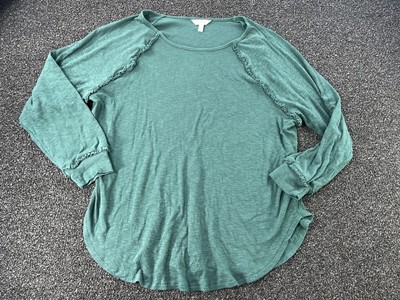 Laura Conrad Green Ruffled Casual Shirt Ladies 1X Plus Stretch Round Seam