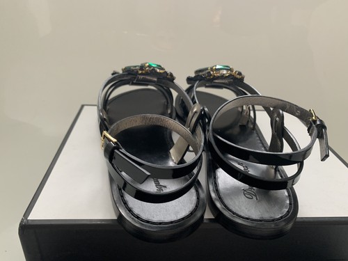 Pre-owned Dsquared2 6.5 7.5 Jeweled Black Patent Leather Ankle Strap Flat Sandals $890