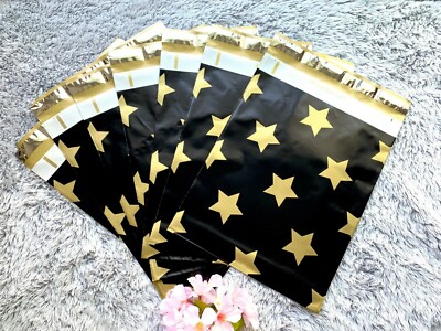 30 Pcs - Designer Printed Poly Mailers 10X13 Shipping Envelope BLACK GOLD STARS