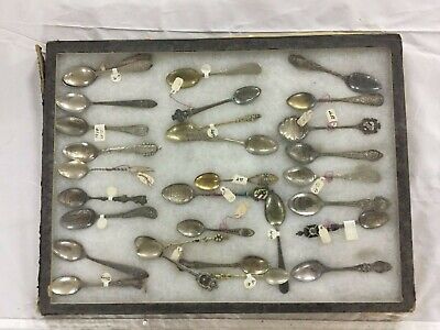 Glass Display Case with 30 Souvenir Spoons from State and International Areas