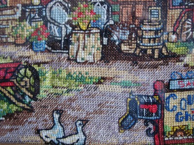 Framed NEEDLEPOINT Picture ~ ANTIQUES Shop & Signage ~ Different Style Stitches