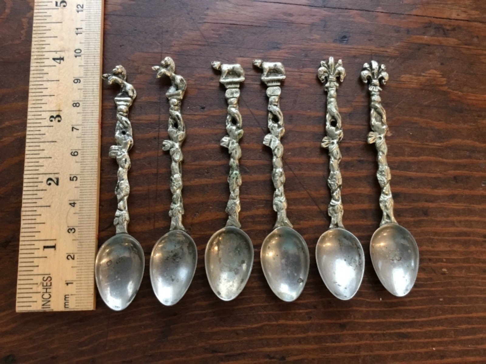 6 antique demitasse spoons 2 each horse fleur-de-lis lion or dog