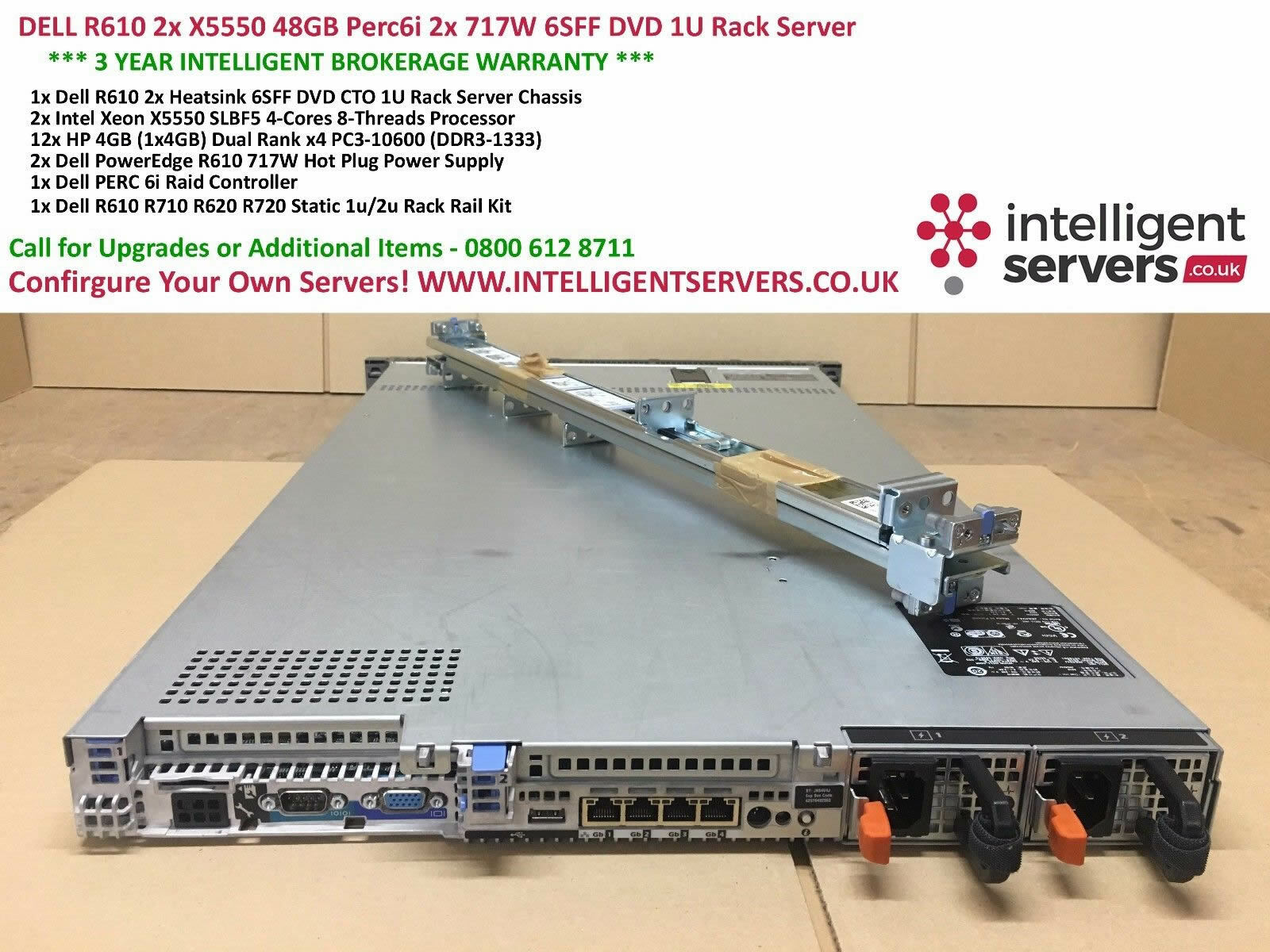 Dell PowerEdge R610 2x X5550 48GB Perc6 2x 717W PSU 6SFF DVD 1u Rack