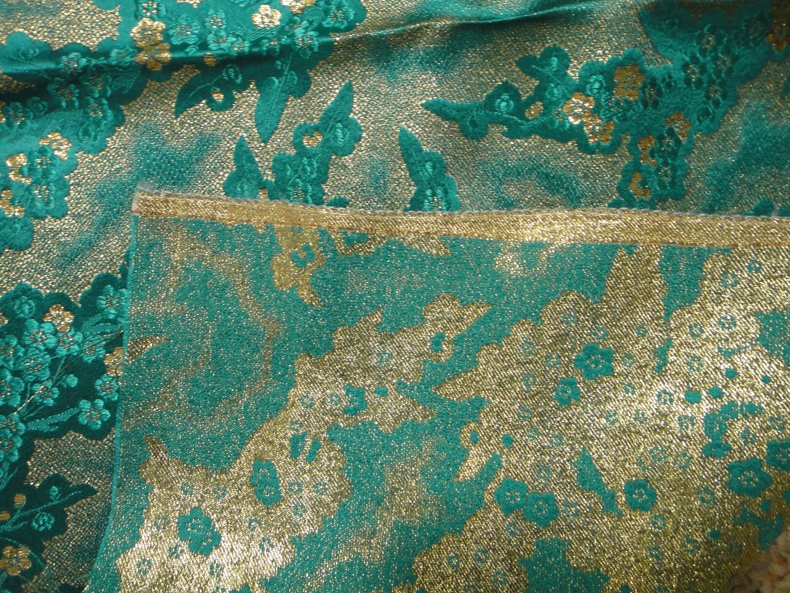 Vintage Silk Satin Brocade Floral Turquoise Fabric w/ Gold Thread 3 yds 27