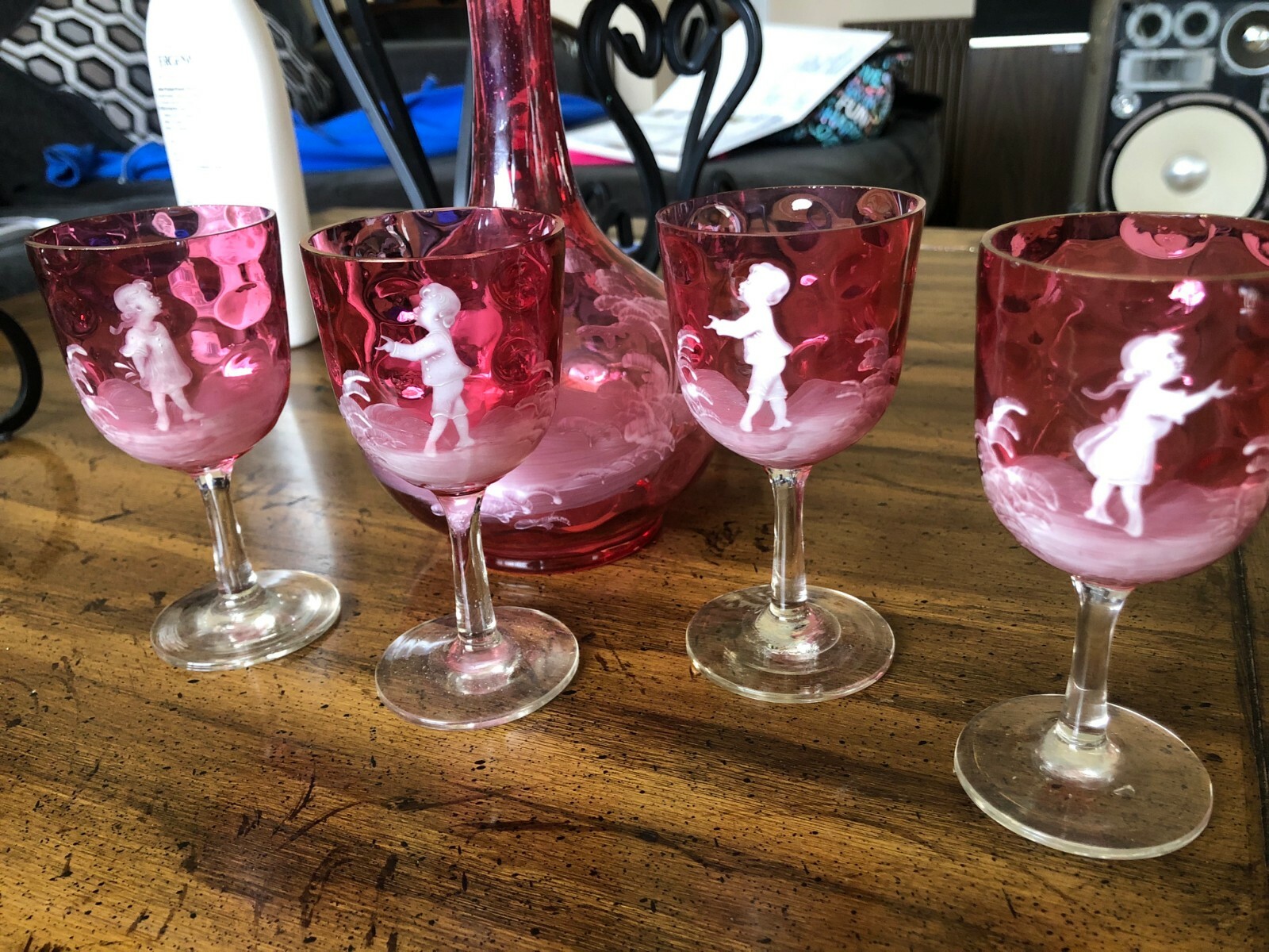 Antique Mary Gregory Liqueur Liquor Decanter Set – 5 Pieces