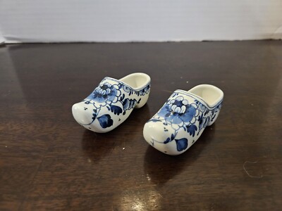 Vintage Pair Hand Painted Blue Delftware Clog Shoes Holland Dutch Floral Design