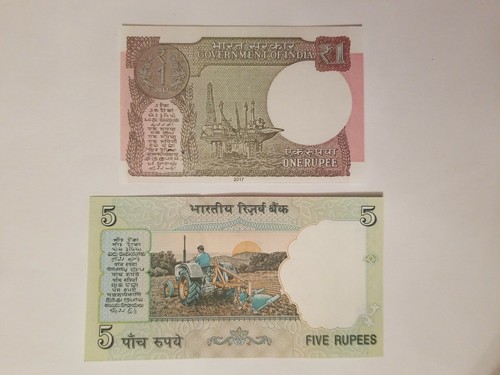 India 2 Pc Rupee, 1 & 5, Gandhi, Foreign Paper Currency, Uncirculated, 2017