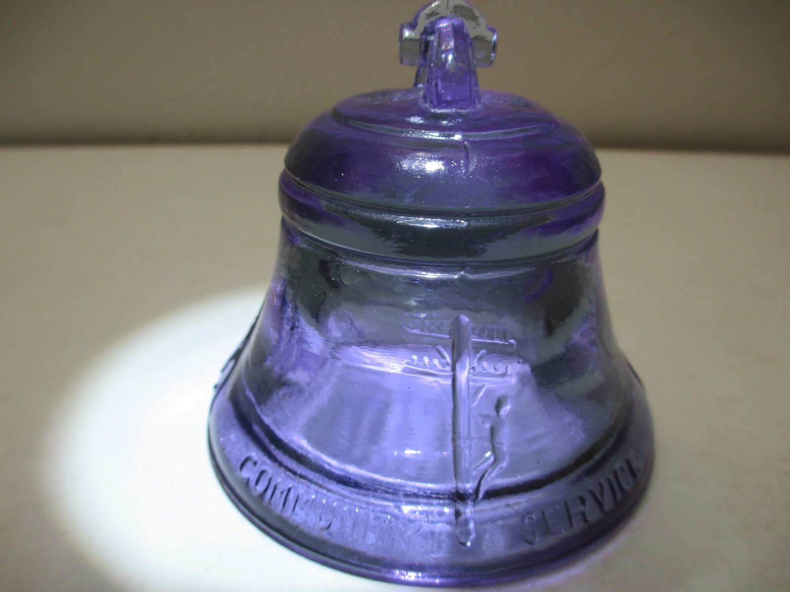 Vintage Telephone Pioneers of America Glass Bell Paperweight Lavender Blue 1988