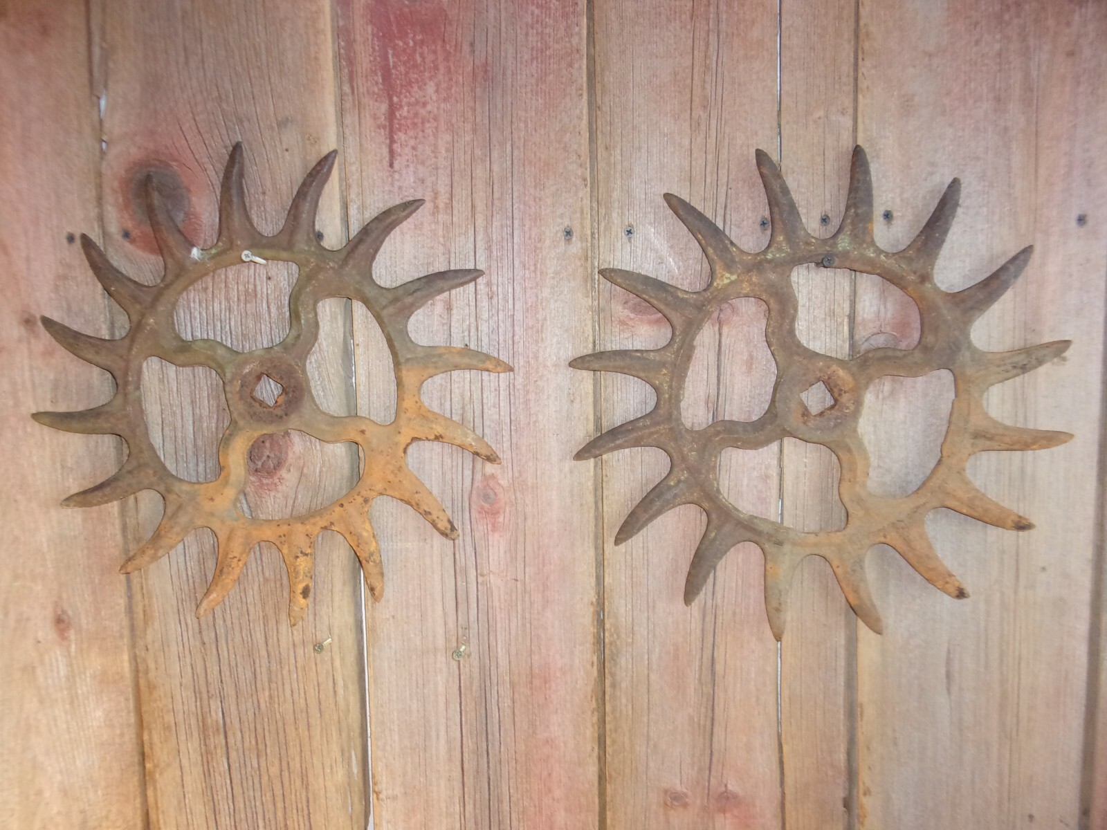2 Vintage Industrial Iron Rotary Hoe Cultivator Wheels Garden Farm Yard Art