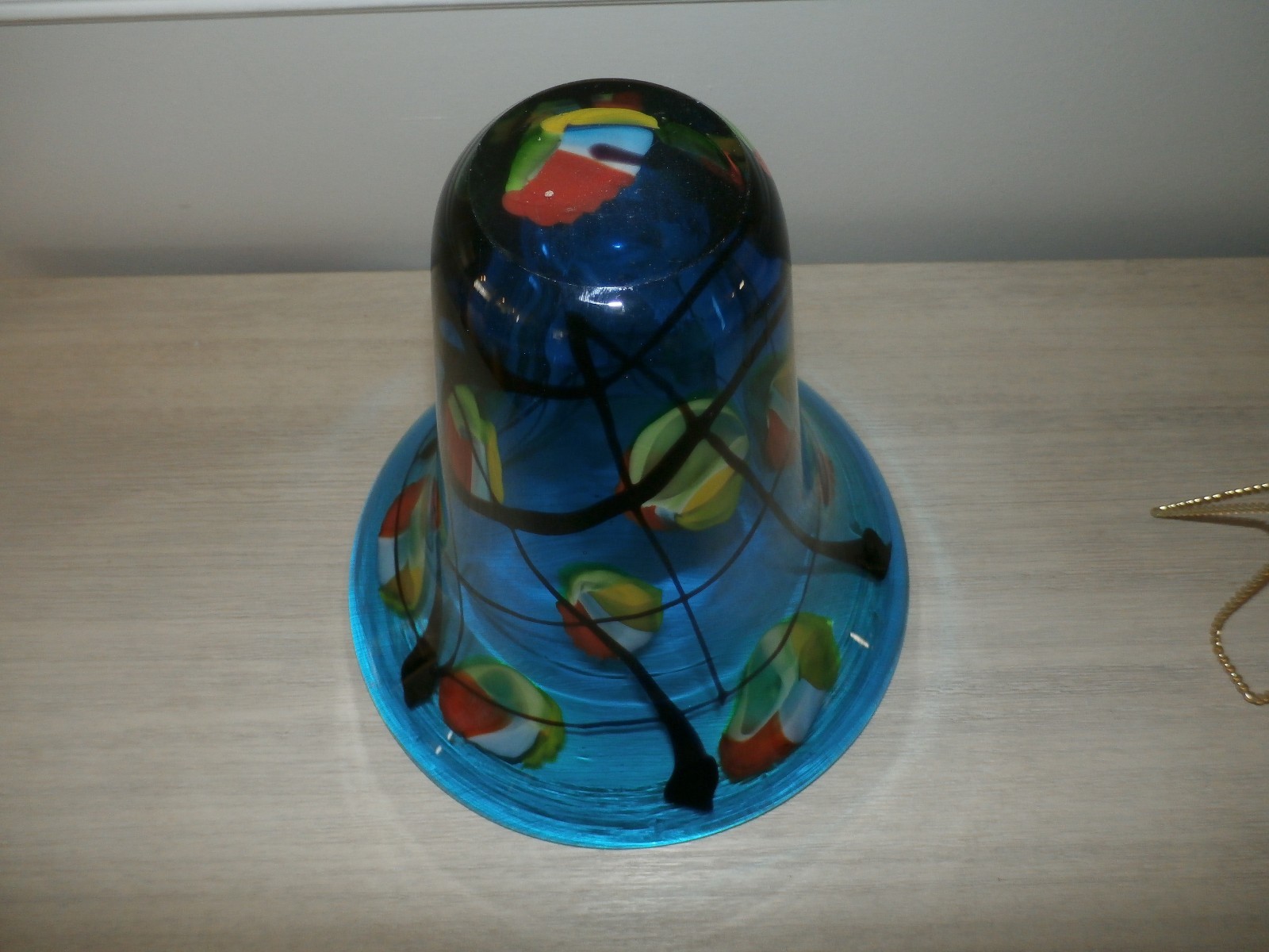 LARGE TEAL BLUE  CASED GLASS VASE ORANGE YELLOW FLOWERS & LEAVES-9 3/4