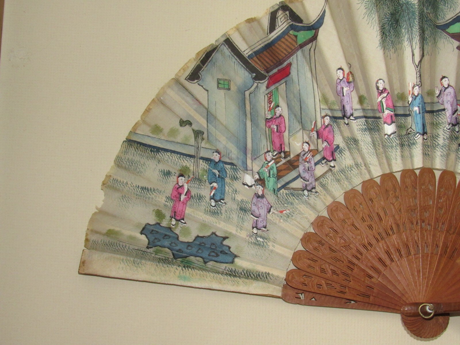 Antique Chinese Hand Painted 100 faces Fan, Elaborately Carved Sandalwood