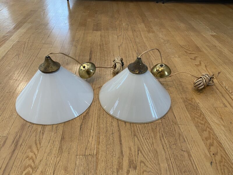2 vintage SCE France mid-century modern Opal glass pendant Cone Light fixtures