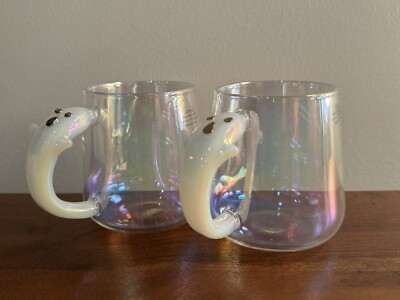 New Gorgeous Halloween Ghost Handle Mugs Set of 2 Iridescent Opal Cups Party