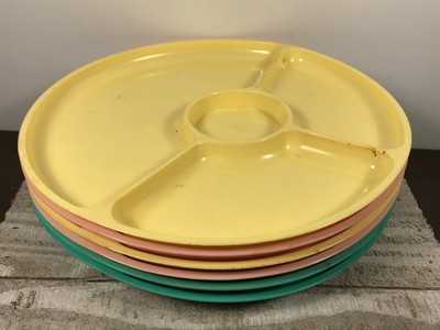 Lot (x6) Vintage 60's Pastel Pink Yellow Green Melamine Plastic Plates cafeteria