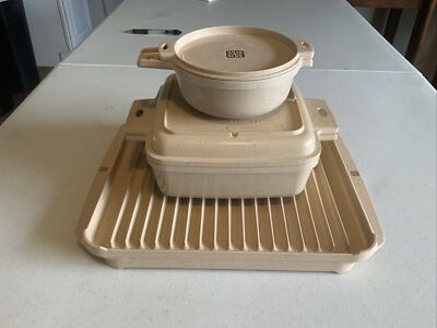 LittonWare Microwave Container Lot 3Pcs Vintage   Round Square Lids w/Bacon Tray