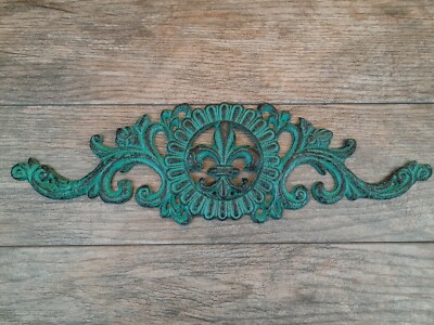 Fleur de Lis Topper, Wall Plaque, Turquoise, Hacienda, Metal Art, Pediment, new