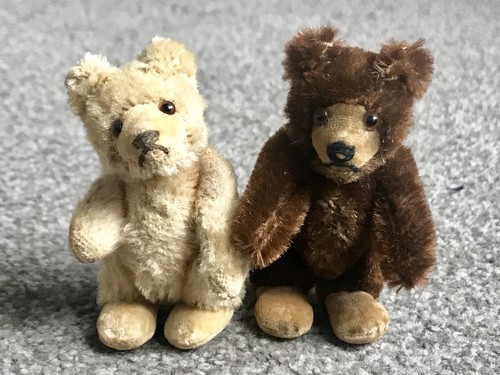 LOT 2 VINTAGE ANTIQUE  Steiff Mohair Teddy Baby Bears  Miniature Dk Brown & Tan